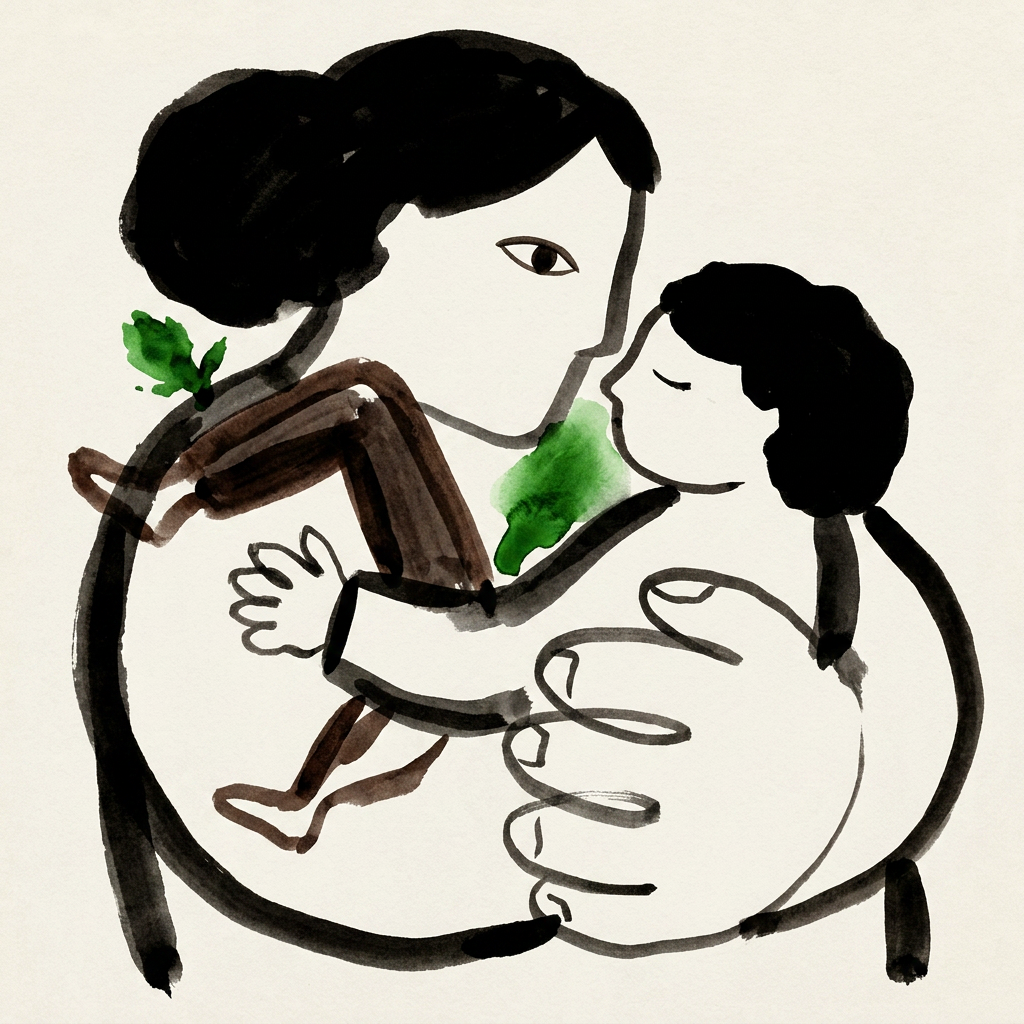 Aquarell-Zeichnung: Pädagogin hält ein Kind im Arm